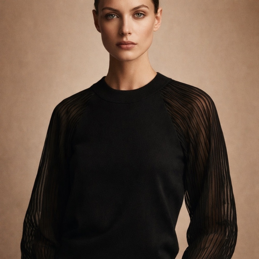 Club Monaco Black Knit Top Pleated Sheer Sleeve Sweater Size Small